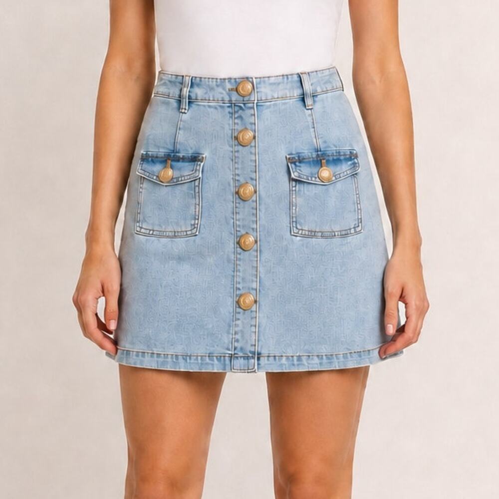 Generation Love Denim Mini Skirt XS Light Wash Gold Button Front Pockets Preppy
